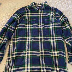 L.L. Bean Flannel Shirt Men Medium Lined Plaid Checkered Blue Green